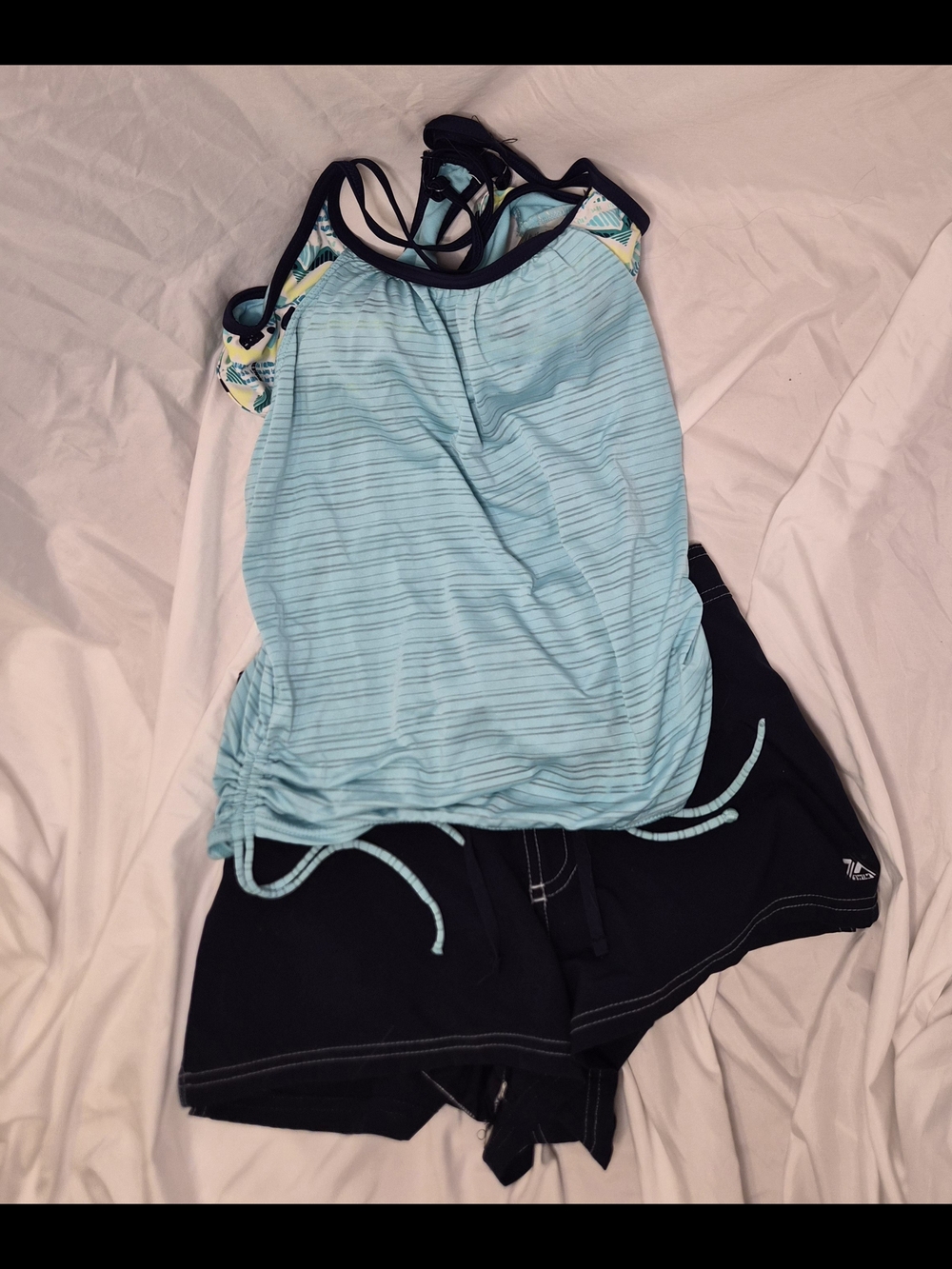 ZeroXPosur Swimwear Light Blue Striped Tankini Set with Navy Board Shorts